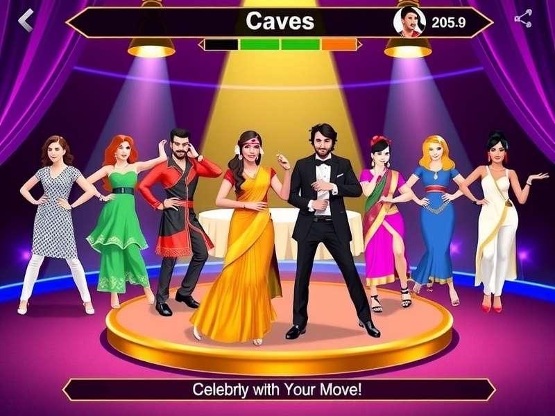 Starry Bollywood Nights game screenshot showing dance moves with Bollywood stars